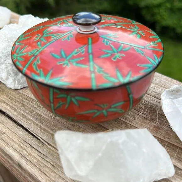 Japanese Tachikichi Red and Green Bamboo Design Tea Bowl with lid. Vintage - Picture 1 of 5